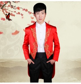 Black red white embroidery pattern men's male stage performance singer jazz wedding party host dancing tuxedo blazer and pants and shirt and bow tie dance costumes outfits